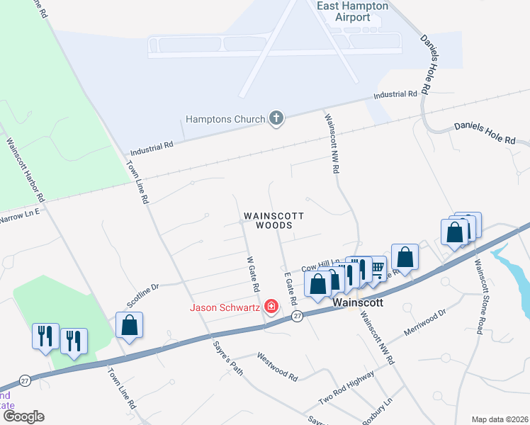 map of restaurants, bars, coffee shops, grocery stores, and more near 33 East Gate Road in Wainscott