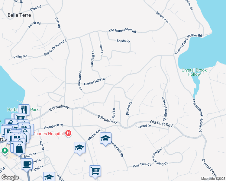 map of restaurants, bars, coffee shops, grocery stores, and more near 35 Pilgrim Drive in Port Jefferson