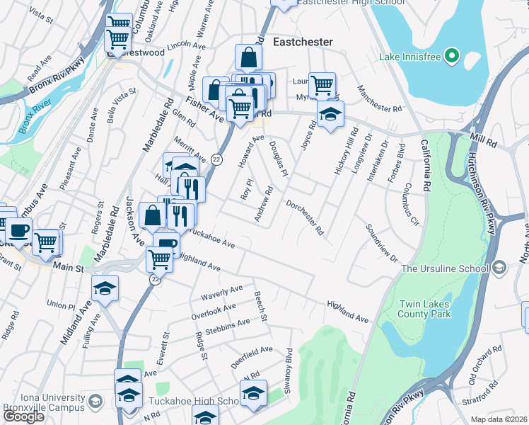 map of restaurants, bars, coffee shops, grocery stores, and more near 19 Andrew Road in Eastchester