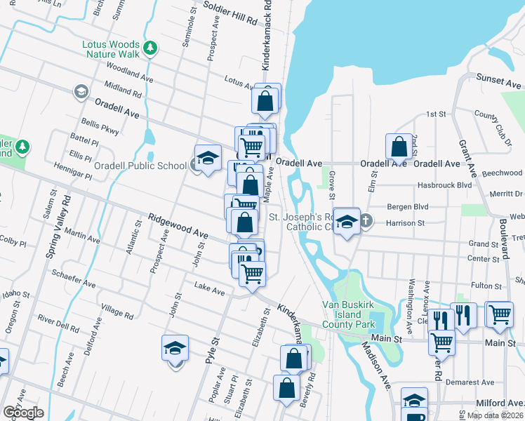 map of restaurants, bars, coffee shops, grocery stores, and more near 323 Maple Avenue in Oradell
