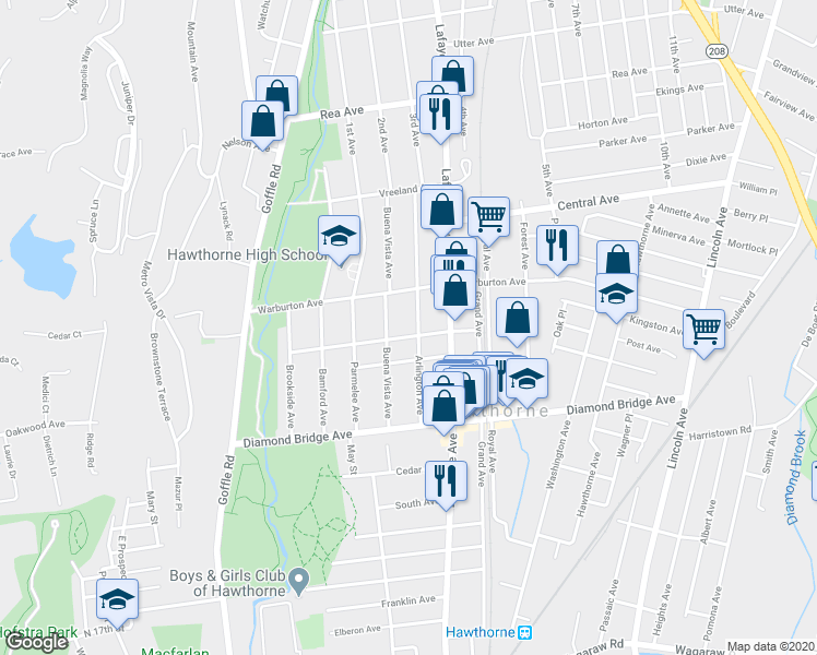 map of restaurants, bars, coffee shops, grocery stores, and more near 82 Arlington Avenue in Hawthorne