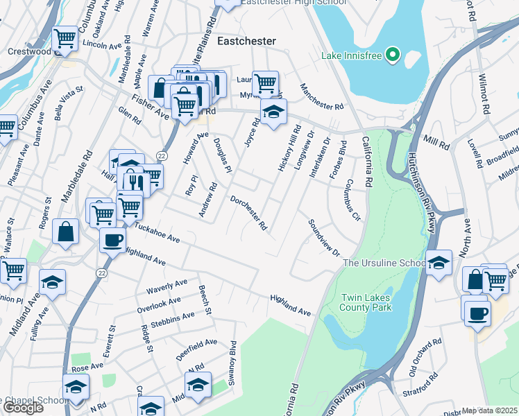 map of restaurants, bars, coffee shops, grocery stores, and more near 50 Hickory Hill Road in Eastchester
