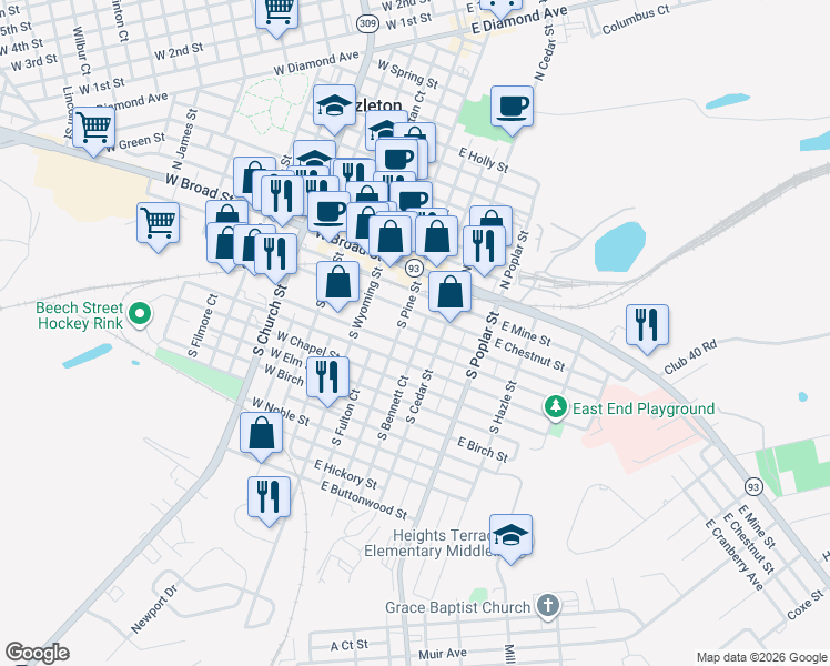 map of restaurants, bars, coffee shops, grocery stores, and more near 77 South Pine Street in Hazleton