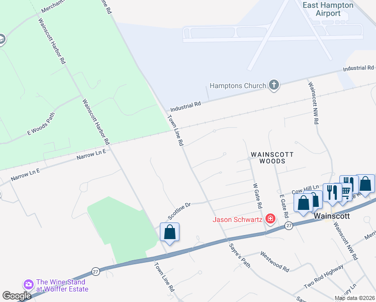 map of restaurants, bars, coffee shops, grocery stores, and more near 2 Debras Way in East Hampton