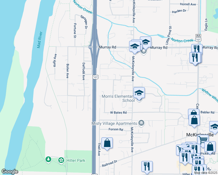 map of restaurants, bars, coffee shops, grocery stores, and more near 1025 Norah Lane in McKinleyville