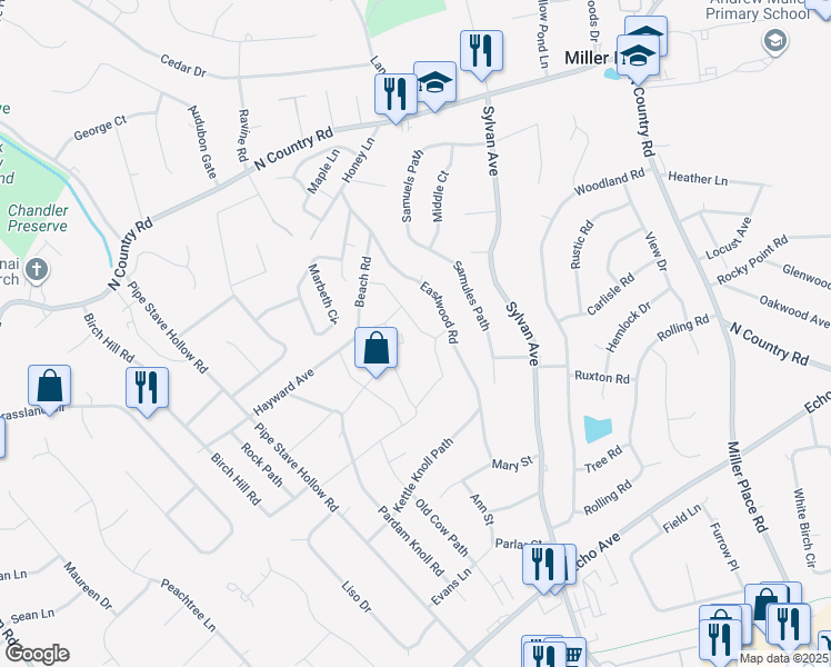 map of restaurants, bars, coffee shops, grocery stores, and more near 12 Valley Circle in Miller Place