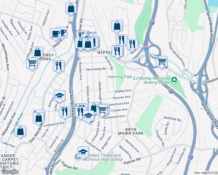 map of restaurants, bars, coffee shops, grocery stores, and more near 14 Albemarle Place in Yonkers