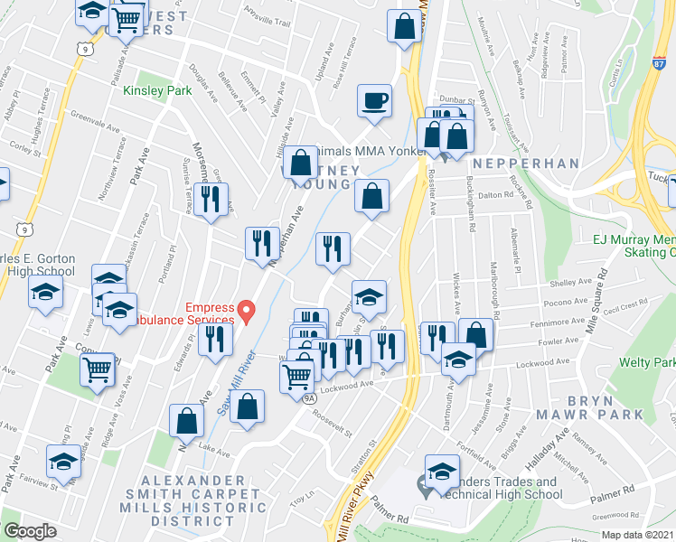 map of restaurants, bars, coffee shops, grocery stores, and more near 12 Eastman Place in Yonkers