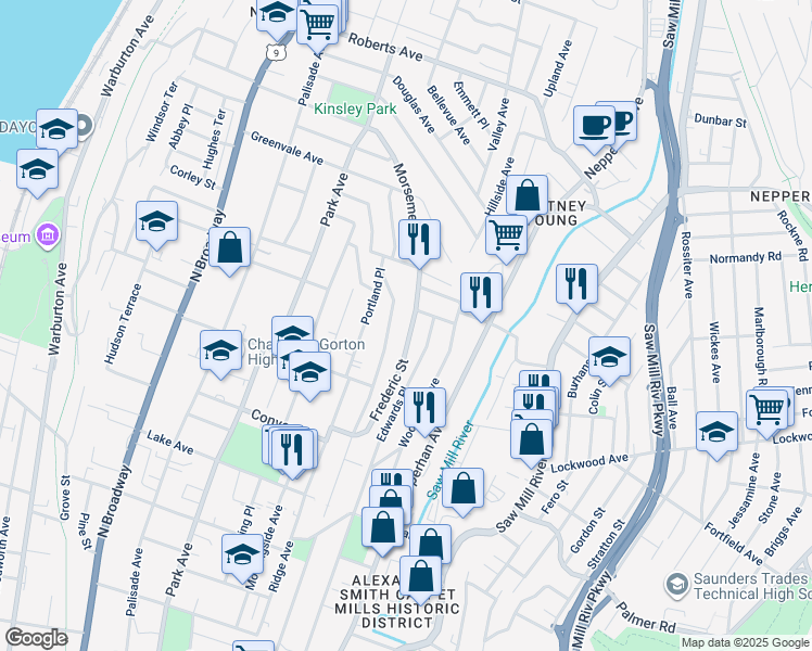 map of restaurants, bars, coffee shops, grocery stores, and more near 354 Sommerville Place in Yonkers