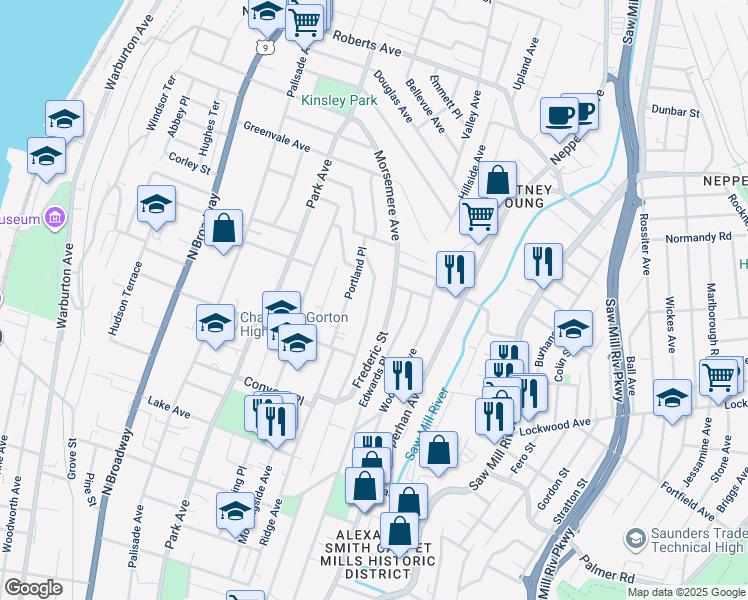 map of restaurants, bars, coffee shops, grocery stores, and more near 354 Sommerville Place in Yonkers