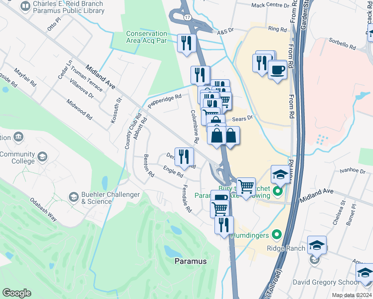 map of restaurants, bars, coffee shops, grocery stores, and more near 40 West Midland Avenue in Paramus