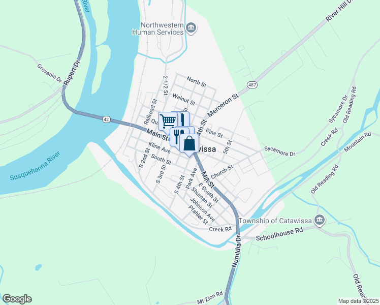 map of restaurants, bars, coffee shops, grocery stores, and more near 135 South 4th Street in Catawissa