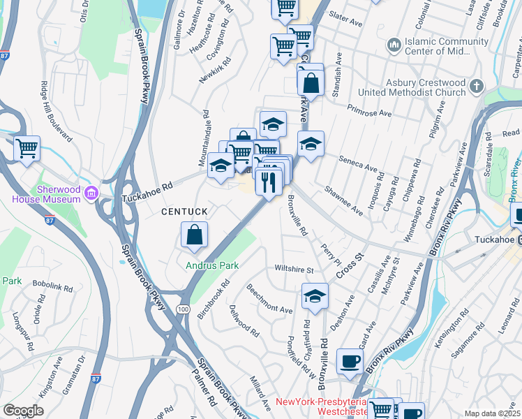 map of restaurants, bars, coffee shops, grocery stores, and more near 1500 Central Park Avenue in Yonkers
