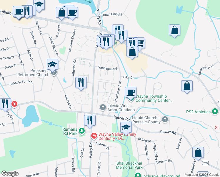 map of restaurants, bars, coffee shops, grocery stores, and more near 28 Knox Terrace in Wayne
