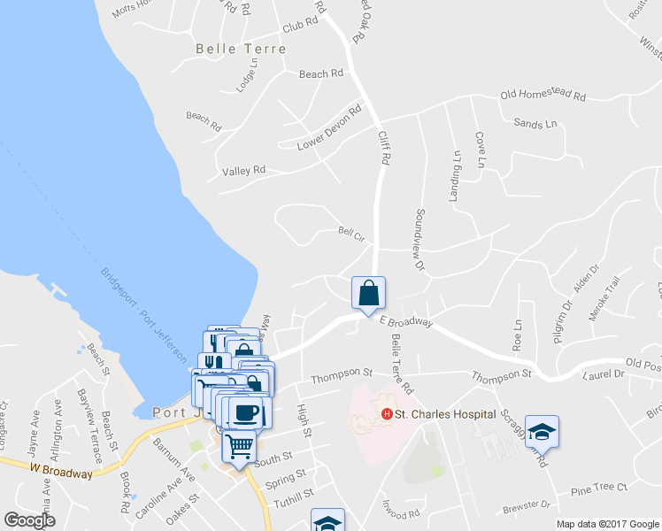 map of restaurants, bars, coffee shops, grocery stores, and more near 7 Buena Vista Road in Port Jefferson