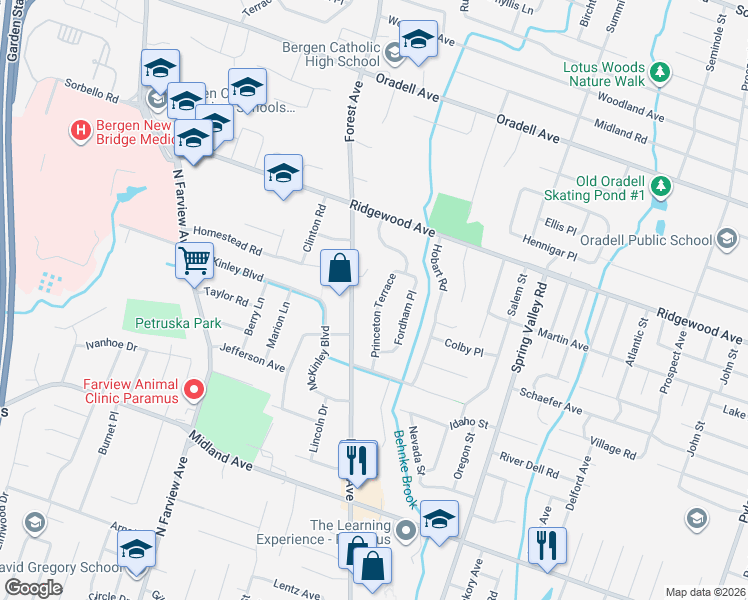 map of restaurants, bars, coffee shops, grocery stores, and more near 515 Princeton Terrace in Paramus