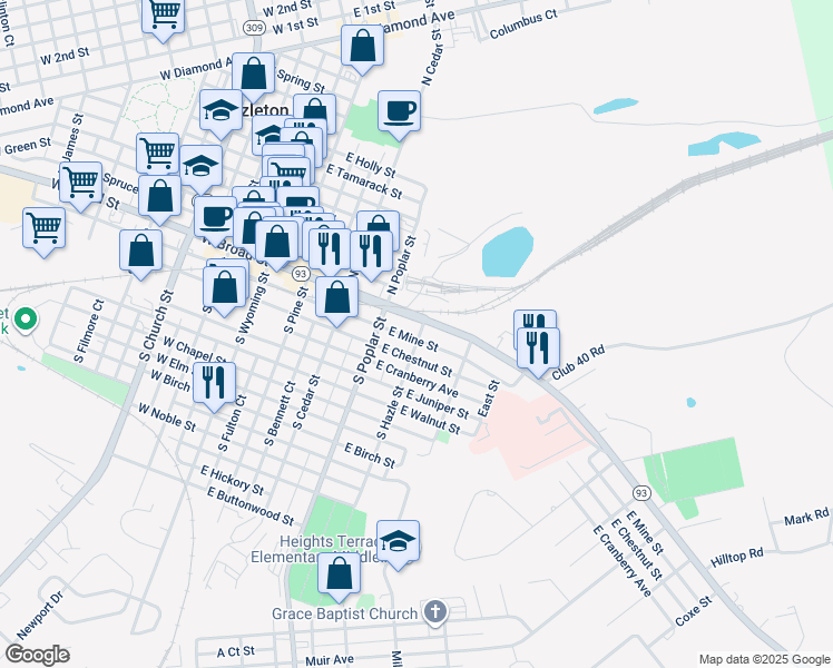 map of restaurants, bars, coffee shops, grocery stores, and more near 357 East Mine Street in Hazleton