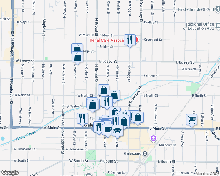 map of restaurants, bars, coffee shops, grocery stores, and more near 357-409 North Cherry Street in Galesburg
