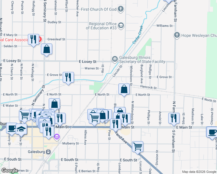 map of restaurants, bars, coffee shops, grocery stores, and more near 377 Lincoln Street in Galesburg