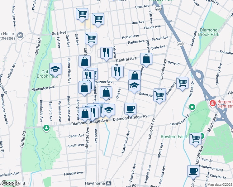 map of restaurants, bars, coffee shops, grocery stores, and more near 15 Oak Place in Hawthorne