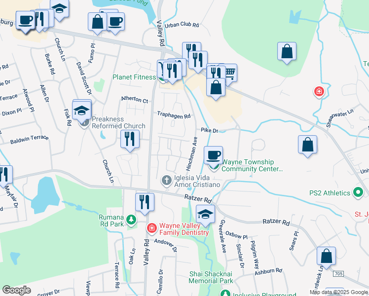 map of restaurants, bars, coffee shops, grocery stores, and more near 22 Knox Terrace in Wayne