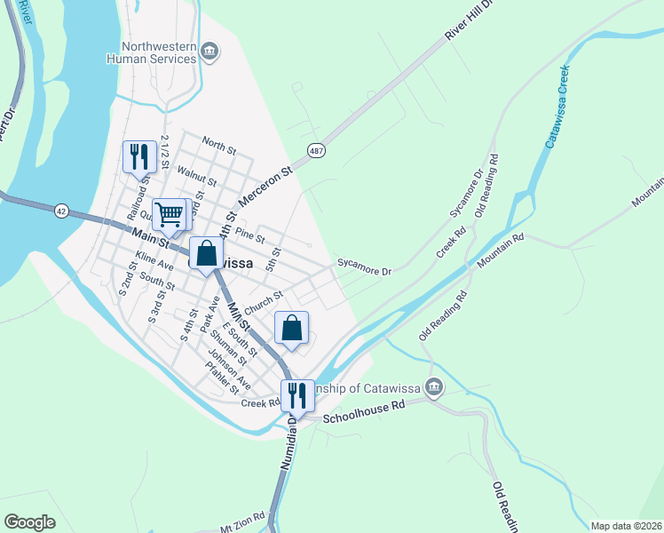 map of restaurants, bars, coffee shops, grocery stores, and more near 208 Church Street in Catawissa
