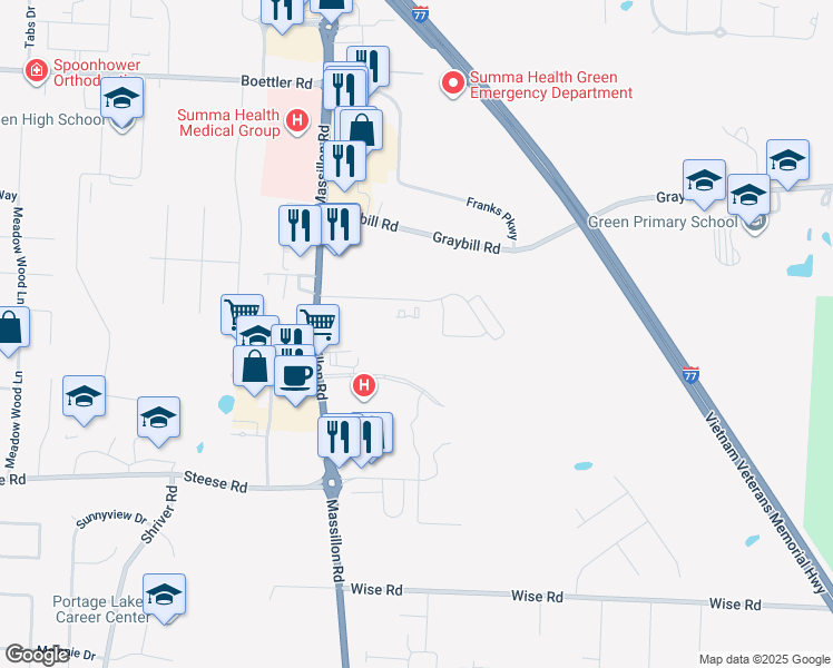 map of restaurants, bars, coffee shops, grocery stores, and more near 1960 Burgess Drive in Uniontown