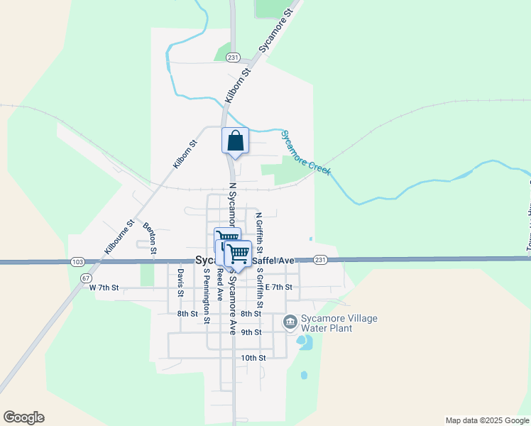 map of restaurants, bars, coffee shops, grocery stores, and more near 200-298 North Griffith Street in Sycamore