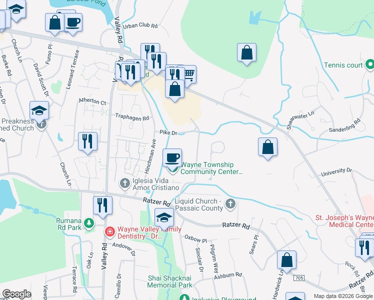 map of restaurants, bars, coffee shops, grocery stores, and more near 79 Pike Drive in Wayne