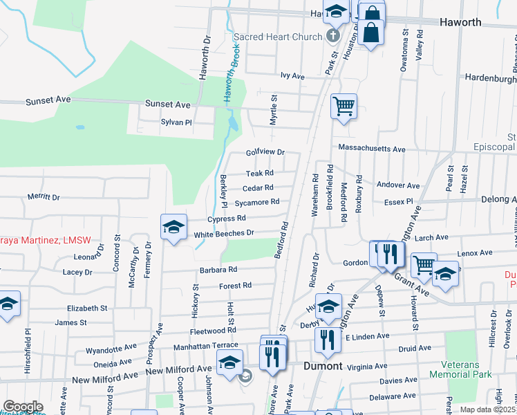 map of restaurants, bars, coffee shops, grocery stores, and more near 39 Cypress Road in Dumont