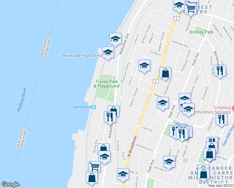 map of restaurants, bars, coffee shops, grocery stores, and more near 92 Philipse Road in Yonkers