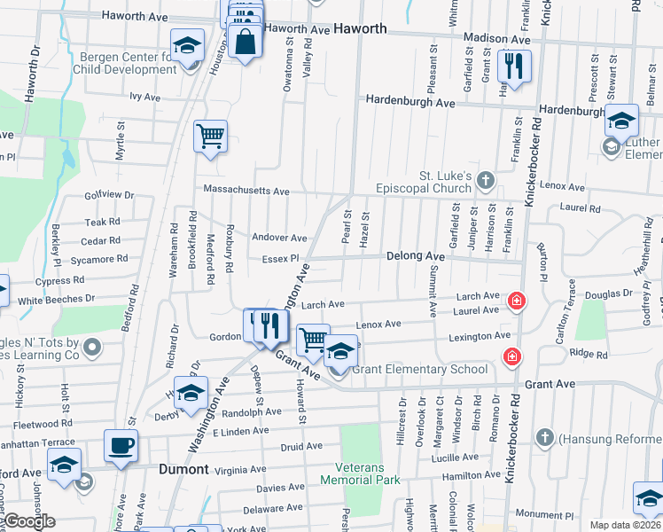 map of restaurants, bars, coffee shops, grocery stores, and more near 19 Pearl Street in Dumont