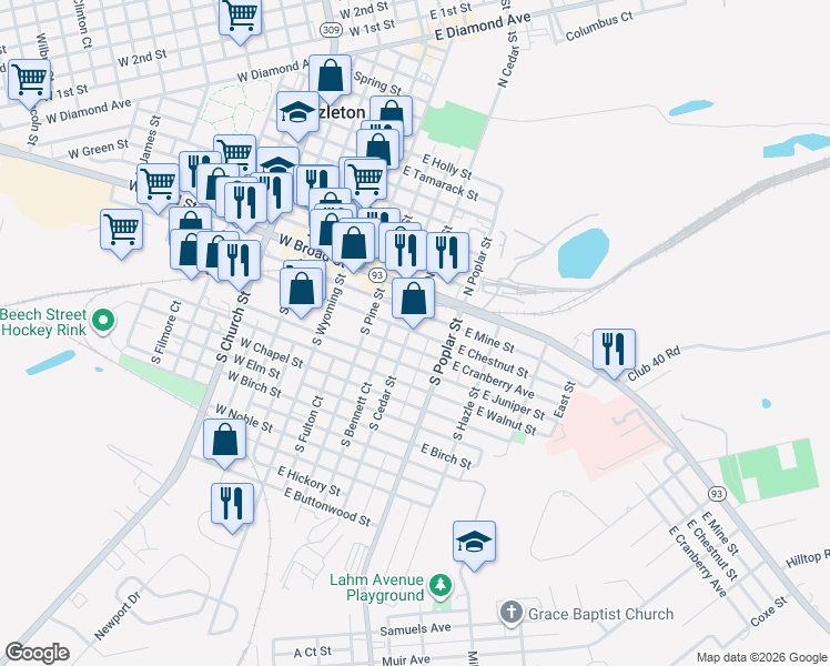 map of restaurants, bars, coffee shops, grocery stores, and more near 60-72 S Cedar St in Hazleton