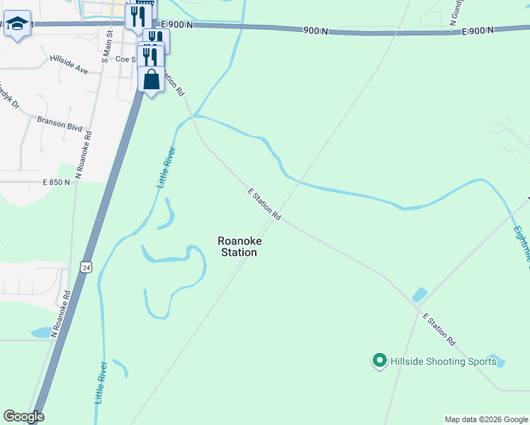map of restaurants, bars, coffee shops, grocery stores, and more near 4591 East Station Road in Roanoke