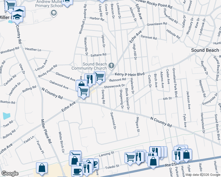 map of restaurants, bars, coffee shops, grocery stores, and more near 20 Tuckahoe Road in Sound Beach