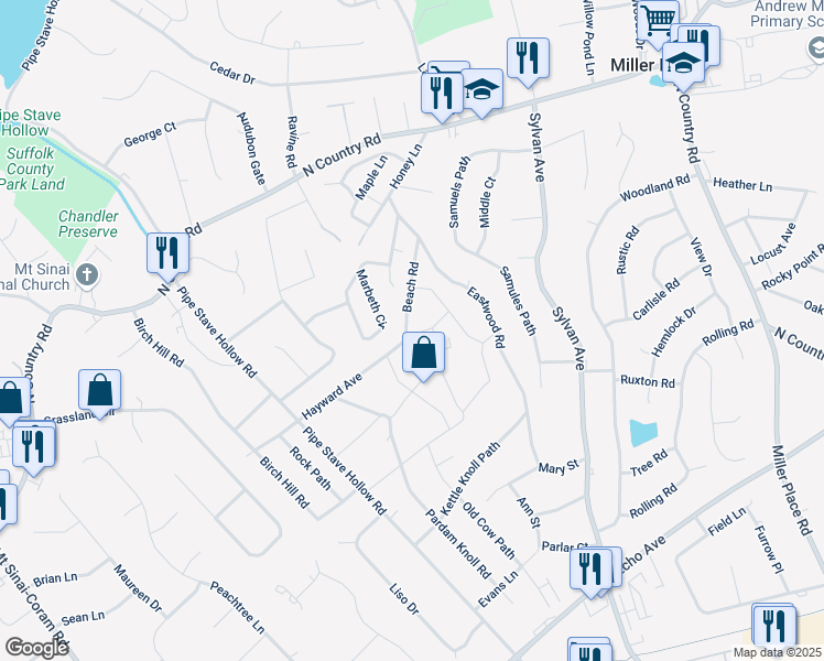 map of restaurants, bars, coffee shops, grocery stores, and more near 8 Hayward Avenue in Mount Sinai