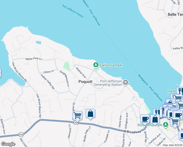 map of restaurants, bars, coffee shops, grocery stores, and more near 63 Washington Street in Setauket- East Setauket