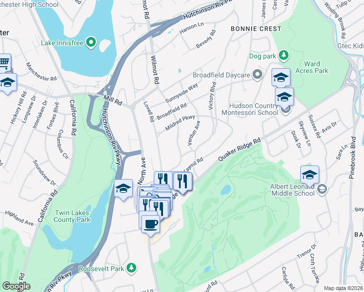 map of restaurants, bars, coffee shops, grocery stores, and more near 65 Fenimore Road in New Rochelle