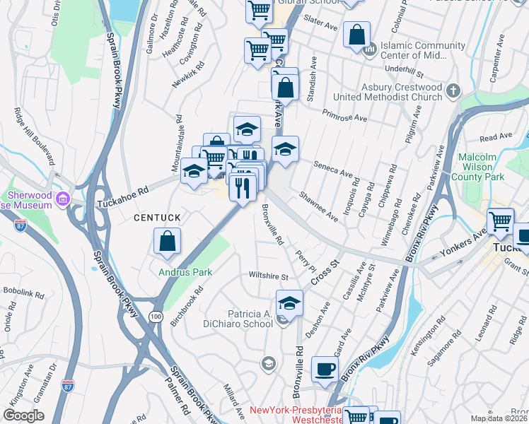 map of restaurants, bars, coffee shops, grocery stores, and more near 502 Bronxville Road in Yonkers