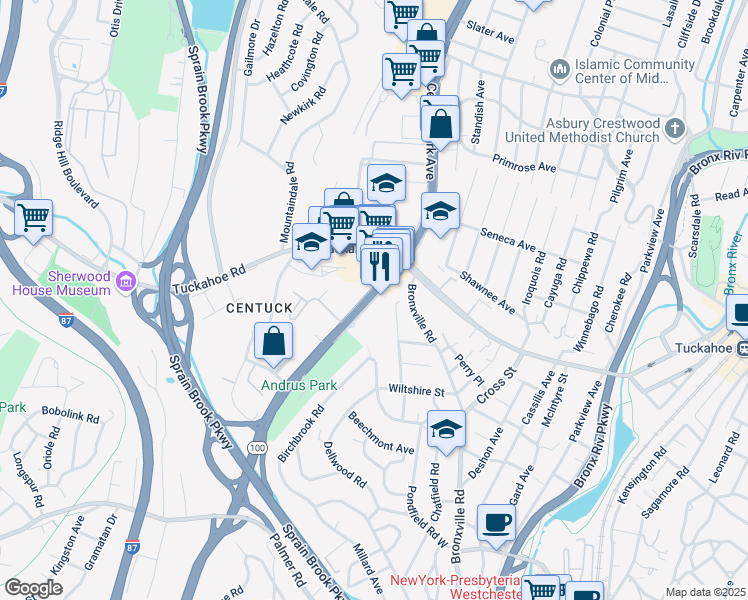 map of restaurants, bars, coffee shops, grocery stores, and more near 1500 Central Park Avenue in Yonkers