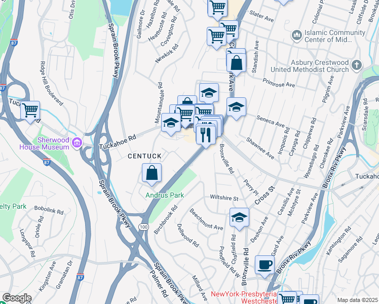 map of restaurants, bars, coffee shops, grocery stores, and more near 1500 Central Park Avenue in Yonkers