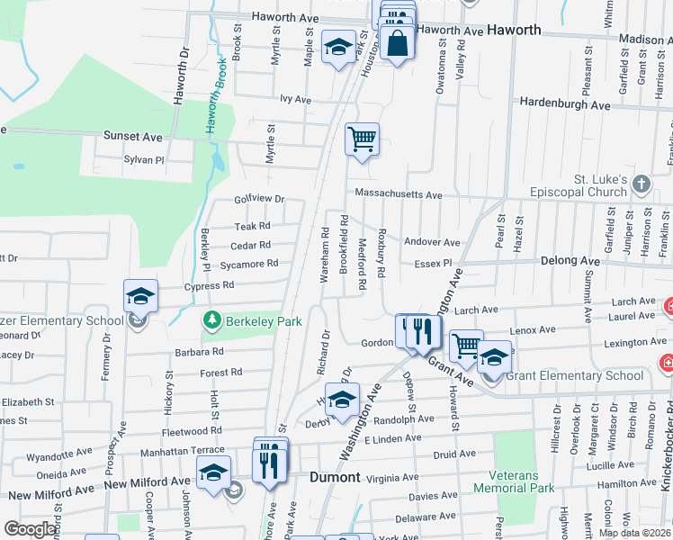 map of restaurants, bars, coffee shops, grocery stores, and more near 10 Brookfield Road in Dumont