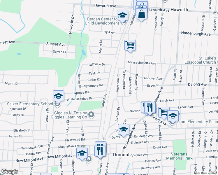 map of restaurants, bars, coffee shops, grocery stores, and more near 8 Wareham Road in Dumont