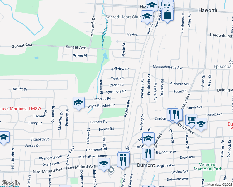 map of restaurants, bars, coffee shops, grocery stores, and more near 39 Cypress Road in Dumont