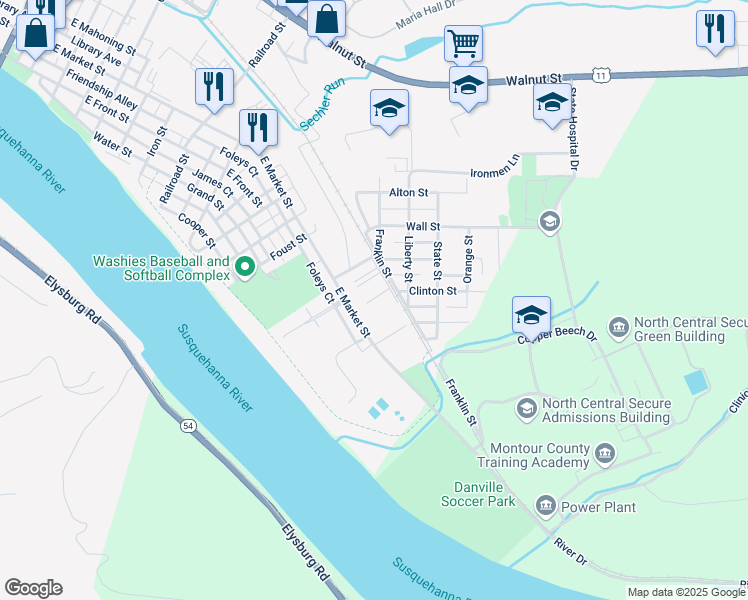 map of restaurants, bars, coffee shops, grocery stores, and more near 1001-1099 East Market Street in Danville