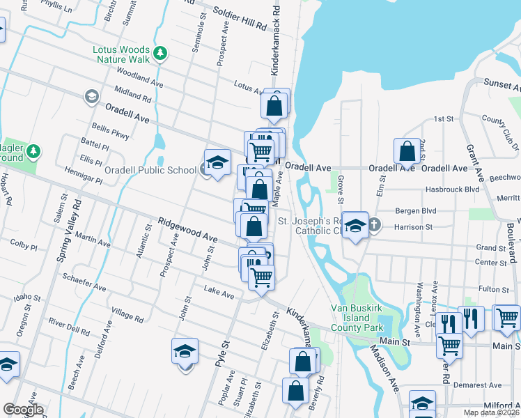 map of restaurants, bars, coffee shops, grocery stores, and more near 323 Maple Avenue in Oradell