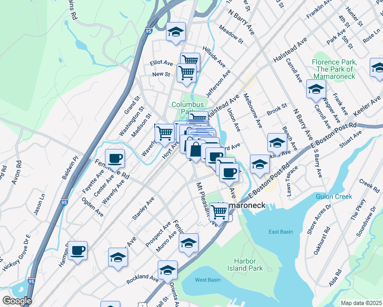 map of restaurants, bars, coffee shops, grocery stores, and more near 360 Mount Pleasant Avenue in Mamaroneck