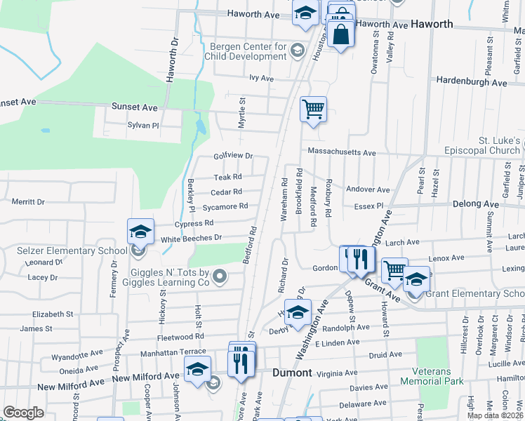 map of restaurants, bars, coffee shops, grocery stores, and more near 8 Wareham Road in Dumont