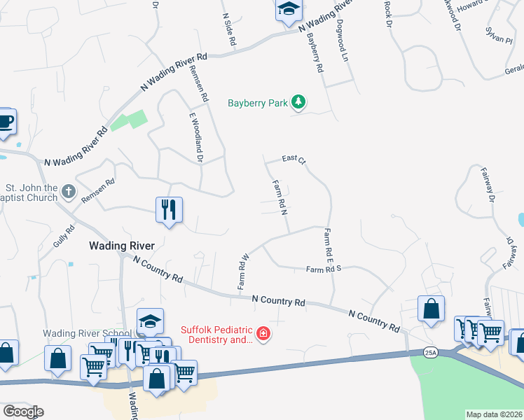 map of restaurants, bars, coffee shops, grocery stores, and more near 35 Farm Road North in Wading River