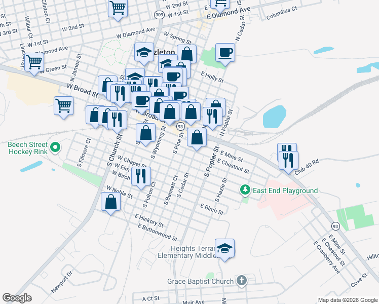 map of restaurants, bars, coffee shops, grocery stores, and more near 60-72 S Cedar St in Hazleton
